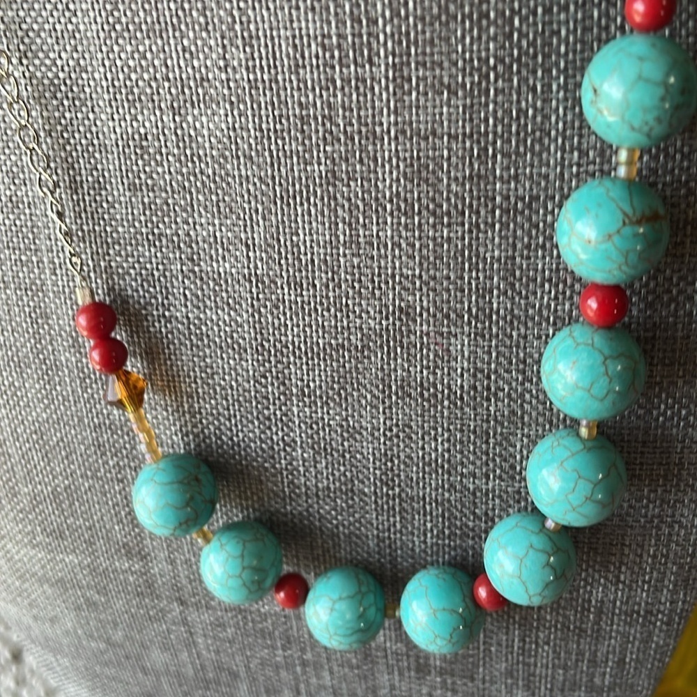 Sterling Silver Turquoise Glass / Coral Necklace - Picture 8 of 8